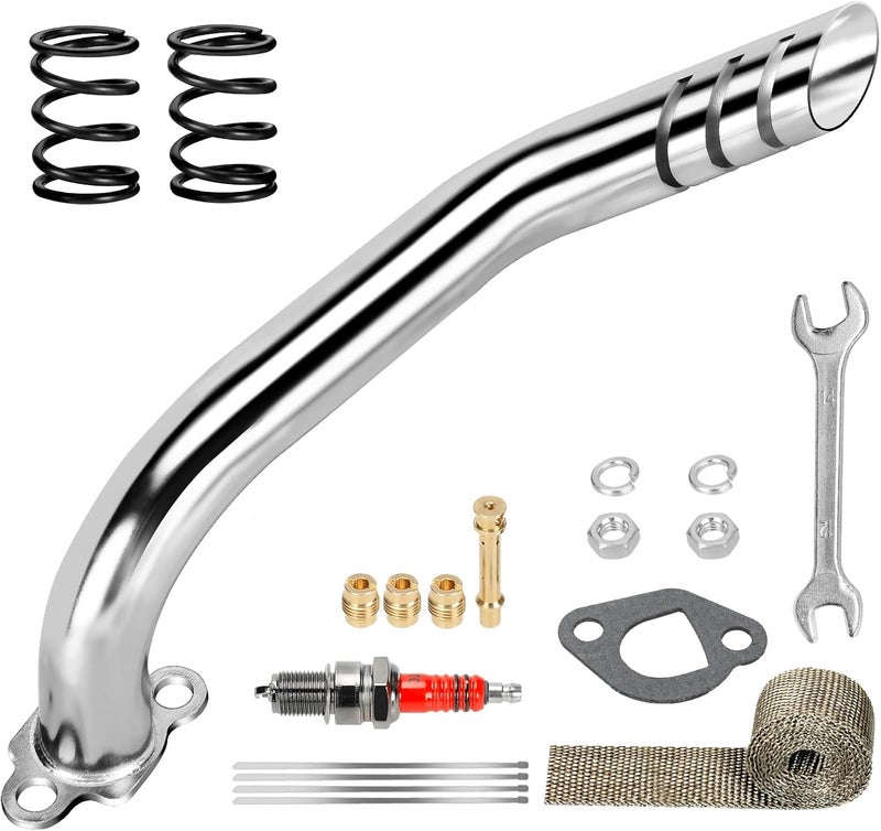 XIKOBY Header Exhaust Pipe Kit Compatible with Predator 212cc 224cc 196cc 6.5HP GX160 GX200 Engine Coleman Mini Bike CT200U BT200X CT200U-EX KT196 Go Kart Baja MB200 with Main Jets Parts (Silver) - Image 1